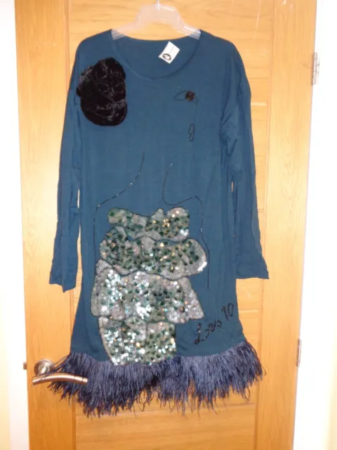 Lanvin Paris blue silk embroidered sequin ostrich feathers dress size L