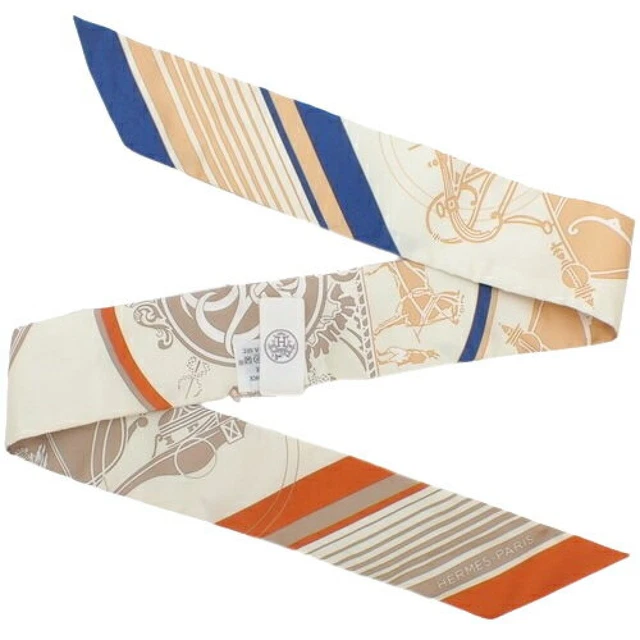 HERMES Twilly Scarf 100% Silk Ex-Libris Ivory Orange Multi w/Box Auth R3746