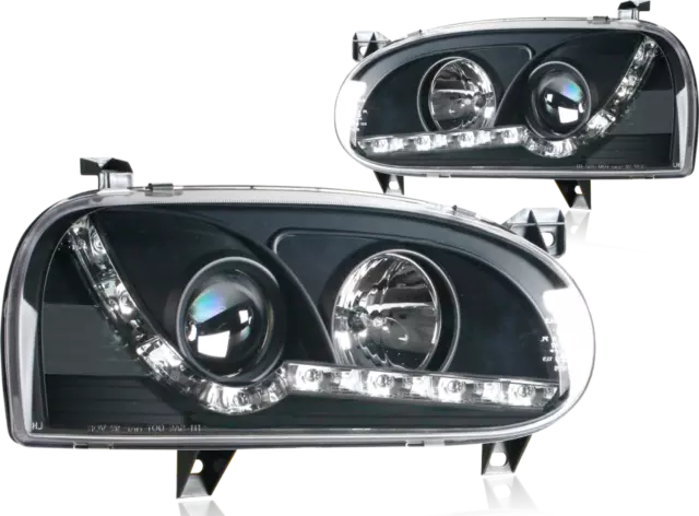 Für VW Golf 3 LED Tagfahrlicht Optik Scheinwerfer schwarz Limo Kombi Cabrio 3