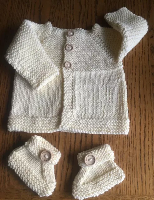 Ensemble bottes manteau bébé matin tricotées à la main - nouveau-né ou nouveau-né - bébé 100 % coton 3