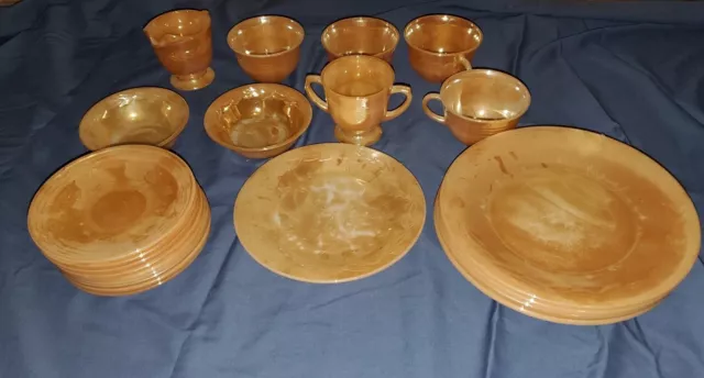 Vintage Fire King Peach Luster Ware Set, Teacups, Saucers, and Plates (1960s)