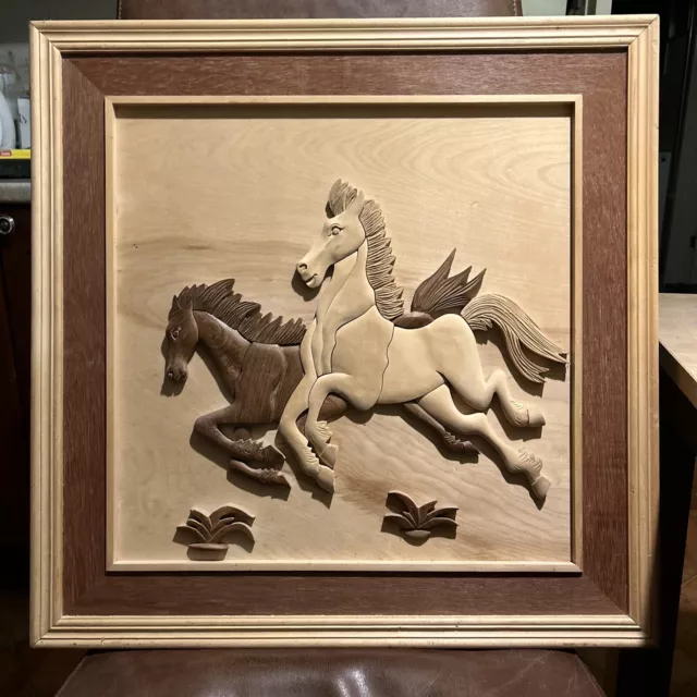 Vintage 70s Carved 3D Wooden Handmade Picture - Galloping Horses  60cm x 60cm