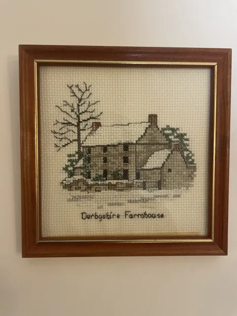 Country Cottage Completed  Cross Stitch framed Derbyshire farmhouse Cottagecore