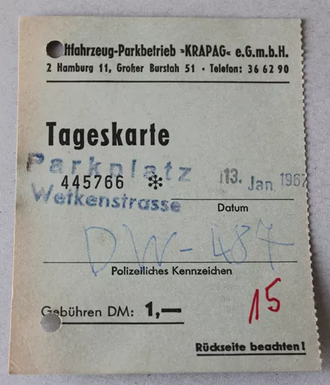Original Parkkarte KRAPAG e.G.m.b.H. 1966/67 Hamburg, Wetkenstr.,Johannisgraben