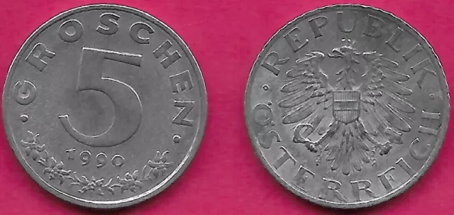 Austria 5 Groschen 1990 Vf Imperial Eagle With Austrian Shield On Breast,Ho