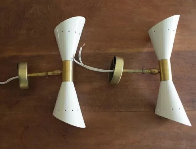 1950's Mid Century Raw Brass Italian Diabolo Wall Sconce Light Fixture 2 Bulbs