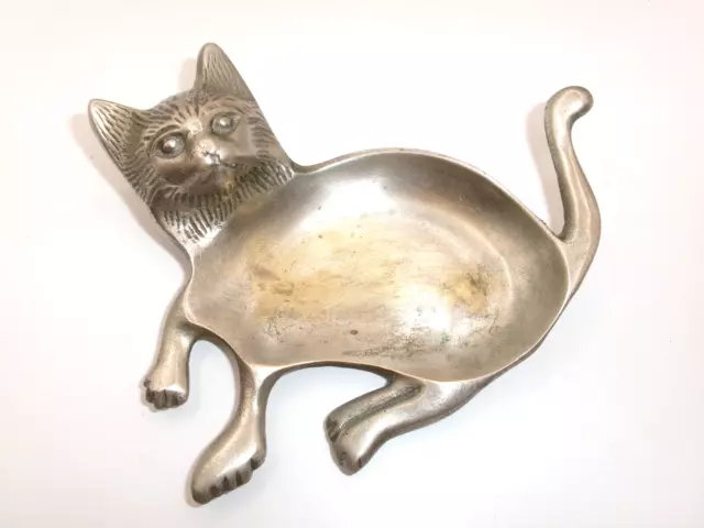 Silver Tone Metal Cat Trinket Dish Jewelry Holder Siamese? Cat Cast Metal