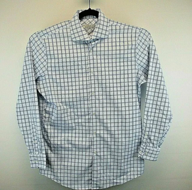 Perry Ellis Portfolio Button Up Shirt Men's Medium White with Blue Plaid Pattern