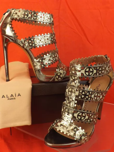 Nib Alaia Dark Silver Laser Cut Patent Leather Platform Sandals Pumps 41 $1550