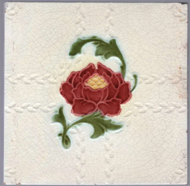 Red & Yellow Peony Flower - c1900 - Antique Majolica - Art Nouveau - 6x6 Tile
