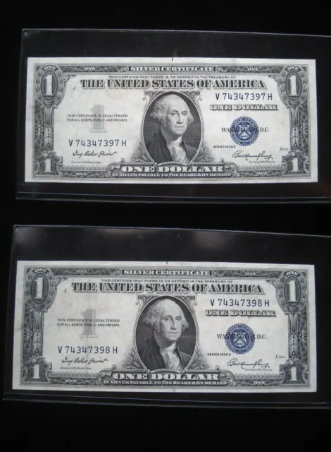 USA $1 1935-E V74347397H # Consecutive Pair SILVER CERTIFICATE Blue Seal Money