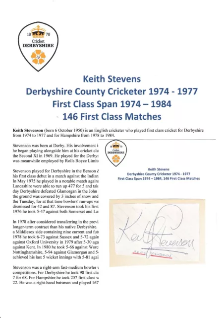 Keith Stevens Derbyshire Cricketer 1974-1977 Original Hand Signed Cutting