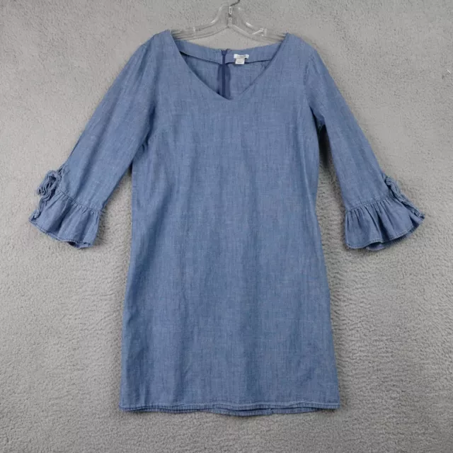 J Crew Blue Chambray Dress V Neck Pullover 3/4 Ruffle Sleeves Cotton Sz 8