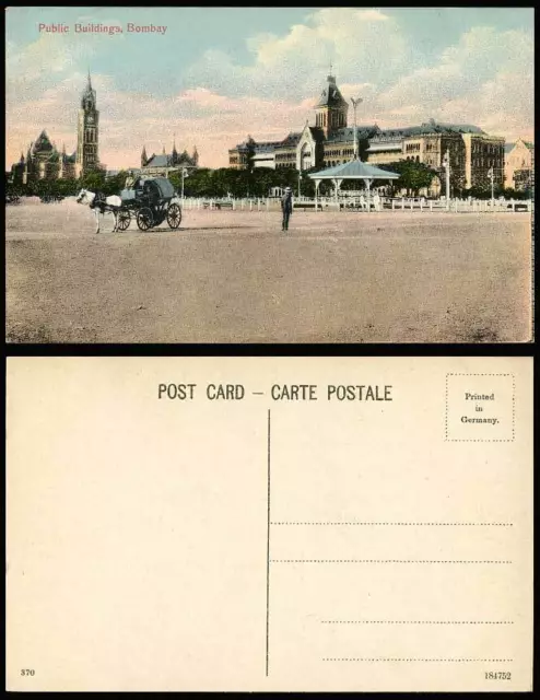 India Old Postcard Public Buildings Bombay, Street Scene, Clock Tower Horse Cart
