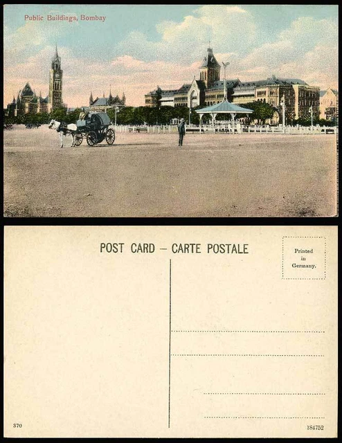 India Old Postcard Public Buildings Bombay, Street Scene, Clock Tower Horse Cart