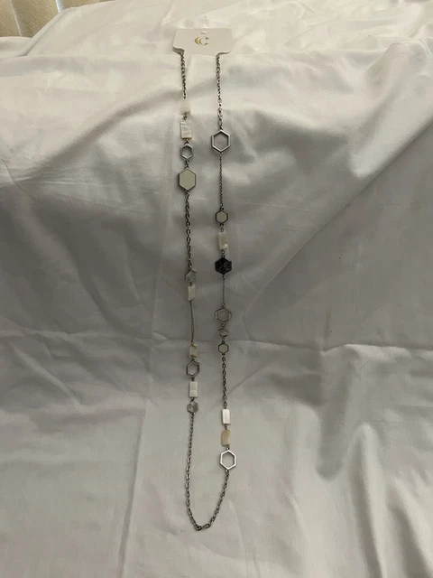 Charming Charlie Long Silver tone Necklace With White Beads NWT