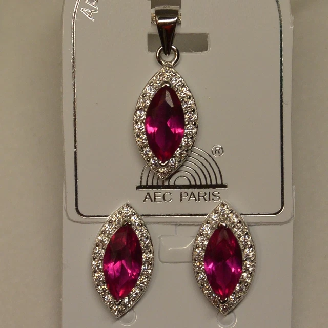 Parure De Bijoux Argent 925 - Saphir Et Diamants Cz - Marquise Dolly-Bijoux - 2 Pièces (collier Et Boucles) - Neuf Avec étiquettes