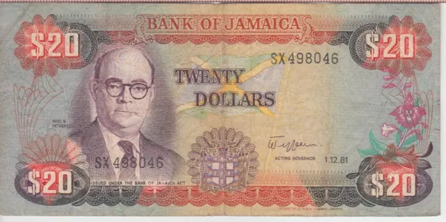 JAMAICA BANKNOTE P68b  20 DOLLARS 1.12.81, FINE. WE COMBINE                 2001
