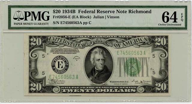 1934B $20 Federal Reserve Note Richmond FR#2056E PMG CU64 EPQ