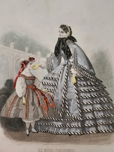 Fashion engraving Parisian fashion 19th century dresses children's costume flowers glove