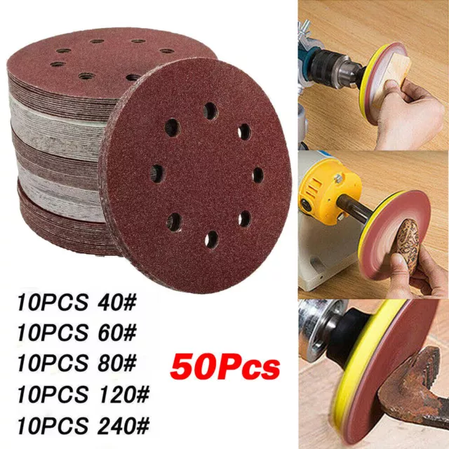 50pcs 5 Inch 125mm Round Sander Sandpaper 8 Hole Hook and Loop Disk Sand Sheets