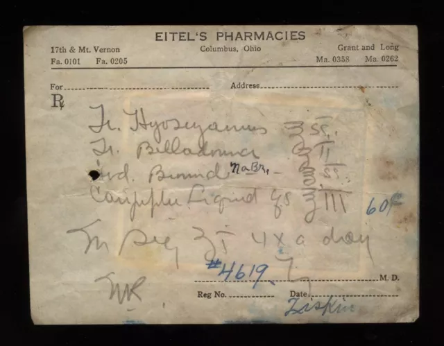 EITEL'S PHARMACY Columbus OH Ohio Handwritten Belladonna Prescription c.1920s
