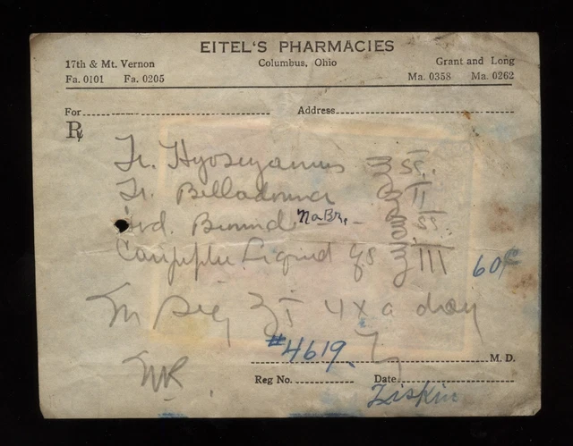 EITEL'S PHARMACY Columbus OH Ohio Handwritten Belladonna Prescription c.1920s