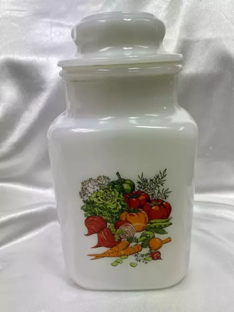 Vtg. Jeanette Glass Co Milk Glass VEGETABLE MEDLEY Pattern Canister Jar w/Lid