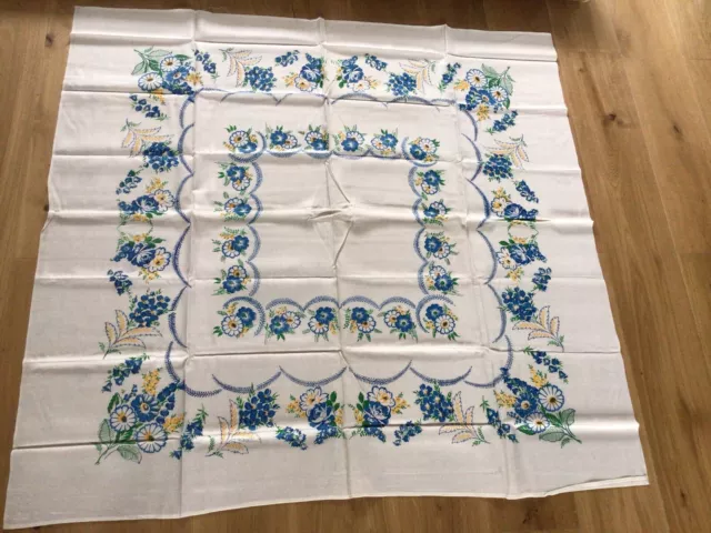 Vintage Hand Printed NEW UNUSED Tablecloth 50” x 50” Blue Yellow Floral