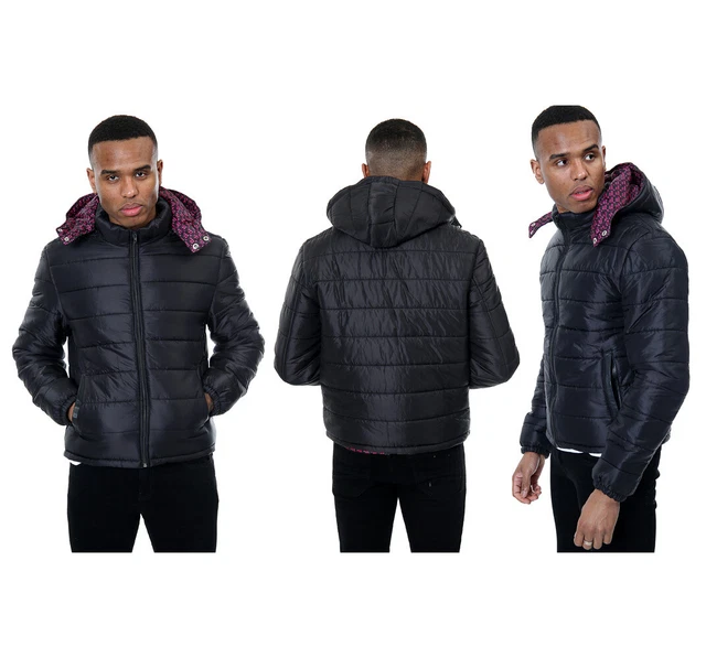 Mens jackets zip up quilted bubble lined hooded coat padded winter warmer puffer