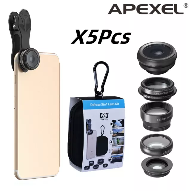 Apexel 5Pcs 5in1 Phone Camera Lens Kit Wide Angle Fisheye Lens for iPhoneAndroid