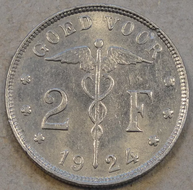 Belgium 1924 Two Francs Better Grade with Luster Belgie