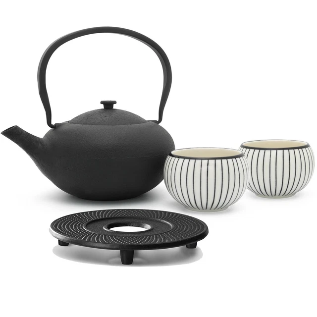 Tee Set Gusseisen Asia Teekanne 1 Liter mit Untersetzer & 2 Porzellan-Teebecher