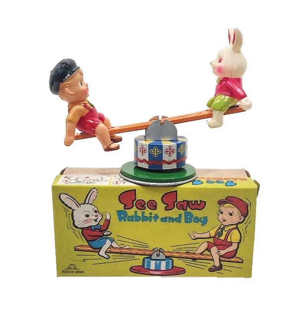トイガン FujiFuji 1960S FUJI PRESS Japan SEESAW RABBIT & BOY Celluloid Tin