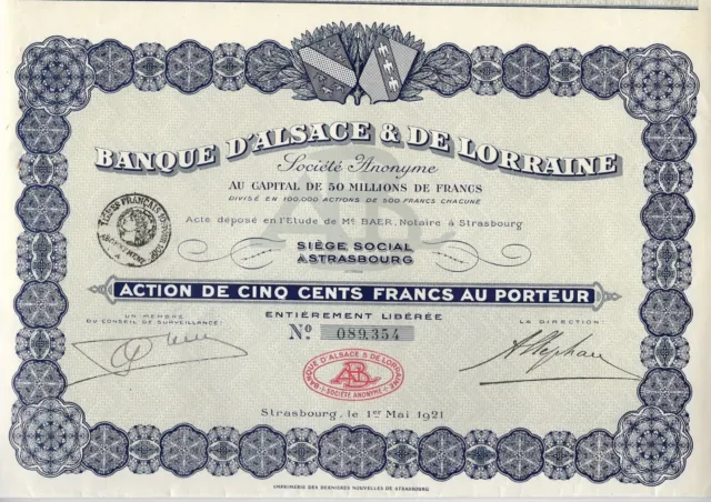Action BANQUE ALSACE LORRAINE 1921 Siège Social à STRASBOURG 500 Frs au PORTEUR