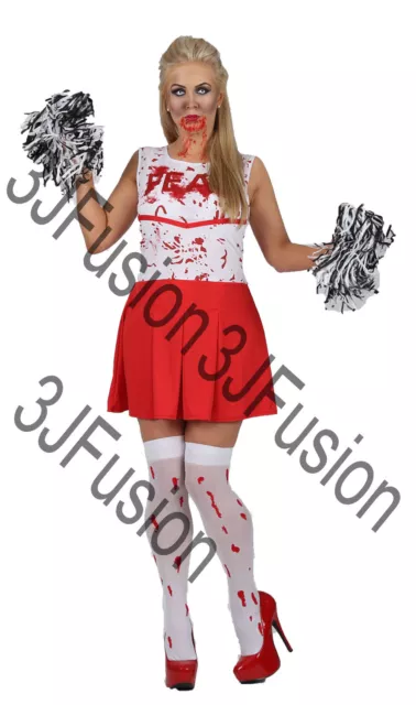 Adult Ladies Zombie Cheerleader & Pom-Poms Halloween Fancy Dress Costume (EB)