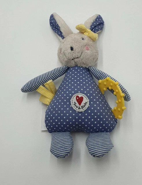 25 - Doudou Peluche Lapin Terre De Marins Bleu Pois Blanc Beige Jaune Grelot