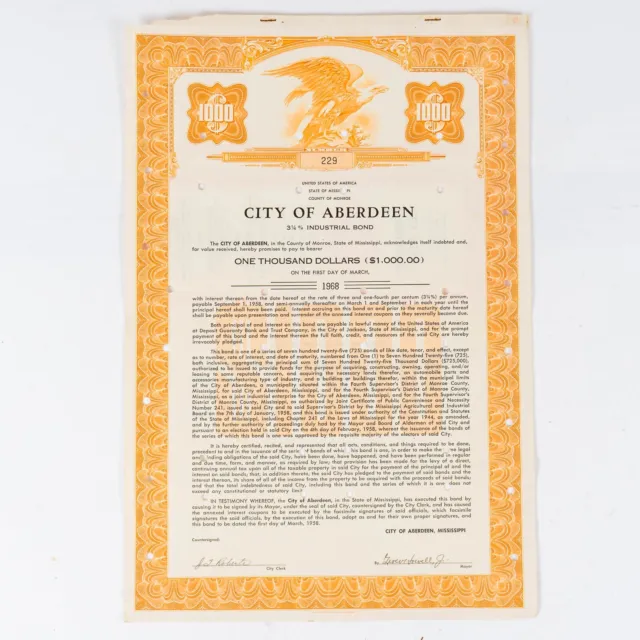 1968 City of Aberdeen $1000 Industrial Bond Certificate Mississippi