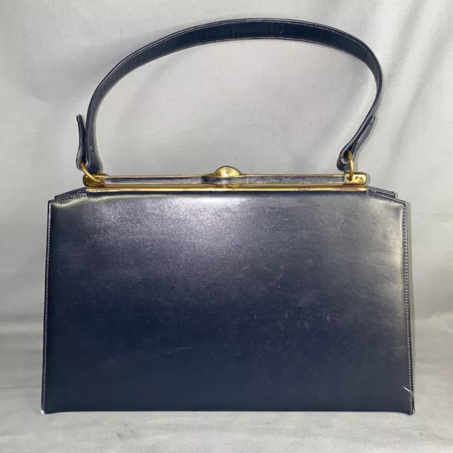 Vintage Susan Gail Navy Blue Leather Handbag Purse Gold Tone Hardware