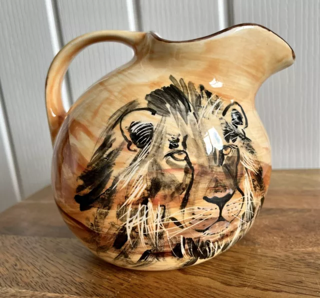 Hand Painted South Africa Pottery Ceramic Jug Pitcher Safari Lion Glazed Detail