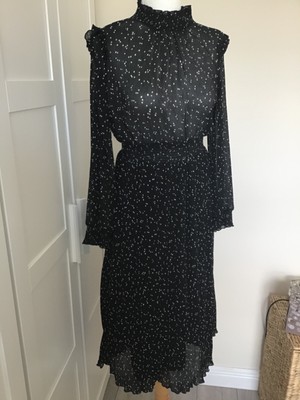 BNWT ZARA MIDI DRESS Sz M (12 / 14) Black White Polka Dots High Neck