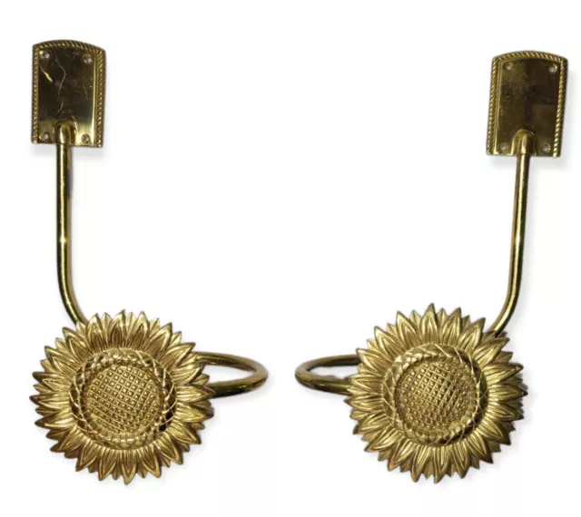 VTG Pair Sunflower Brass Wall Mount Hook Curtain Drapery Tie Backs Retro Large