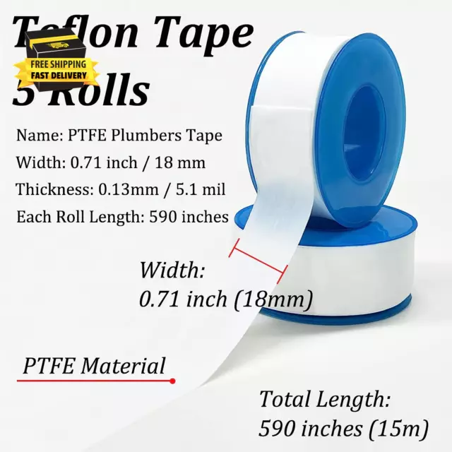 5 Rolls Premium Teflon Tape Plumbing, Plumbers Tape for Leaks, PTFE Tape, Thread 2