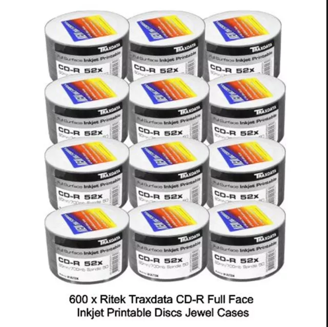 600 x Ritek Traxdata CD-R Full Face 52x 700MB Inkjet Printable Discs in Shrinks