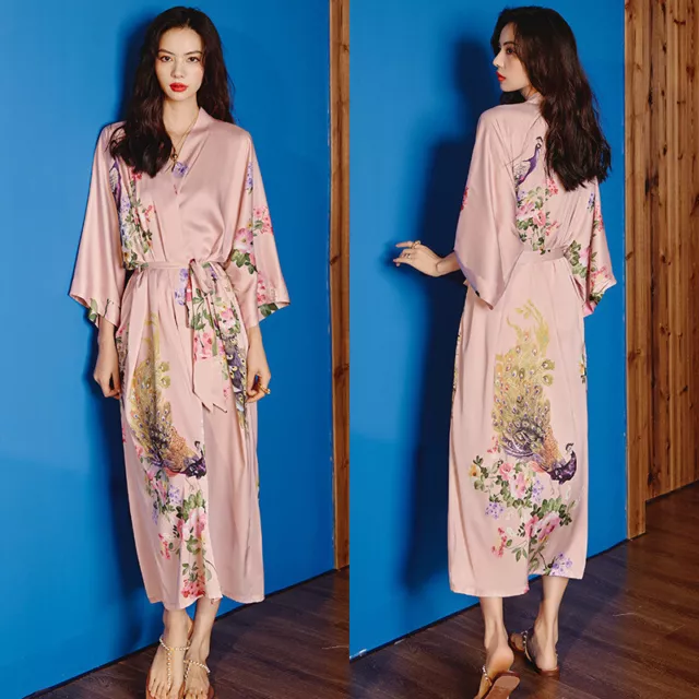 Women Chinese Print Long Robe Satin Silk Bathrobe Sleepwear Night Gown Dress