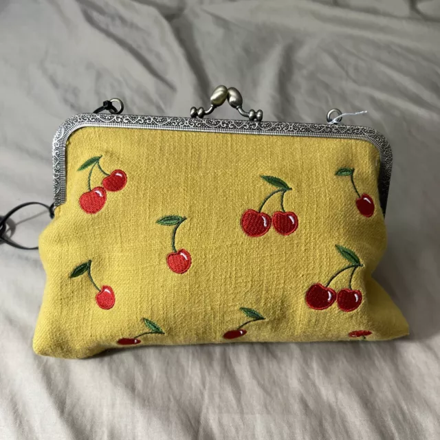 Yellow Cherry Embroidered Kisslock Style Purse/Bag With 26” Chain NEW W/O Tags