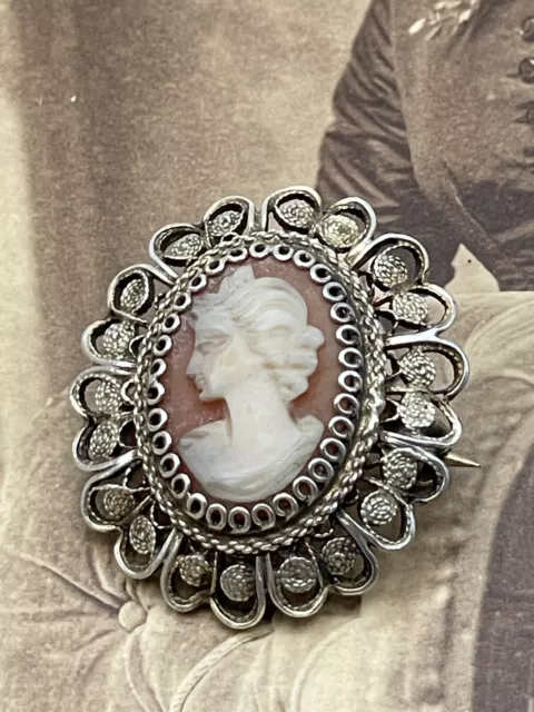800 Sterling Silver Hand Carved Cameo Filigree Brooch Miniature 1”