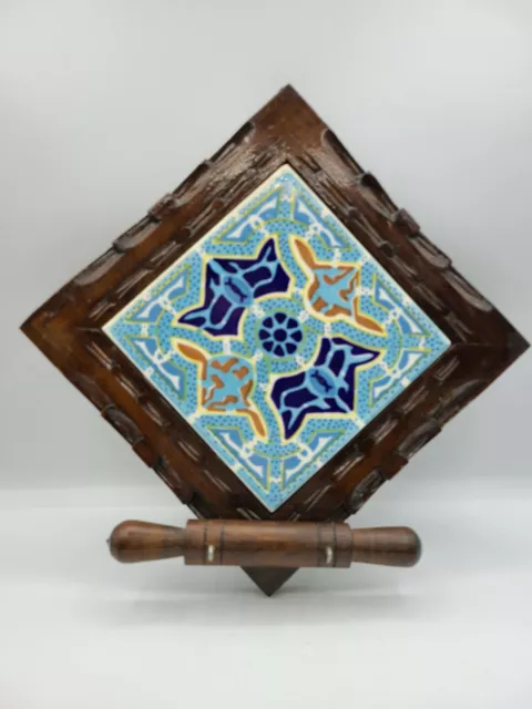 Ceramic Tile Wall Hanger Mexican Folk Art Wood Base Blue Gold