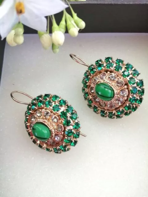 Vintage Style Vert Uni Boucles D'Oreilles Femme Ovales Boutons Italie Or 3