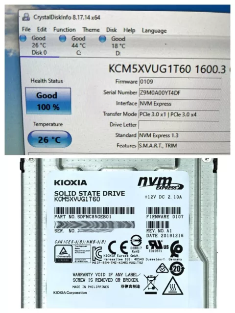 Kioxia 1.6TB U.2  NVMe SSD Toshiba KCM5XVUG1T60,  Excellent 100% Good Health